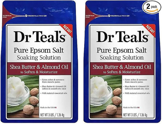 Dr. Teal's Epsom Salt Shea Butter Almond Oil Bath Soaking Solution with Essential Oils - Pack of 2, 3 lb Resealable Bags - Soften and Moisturize Your Skin, Relieve Stress and Sore Muscles