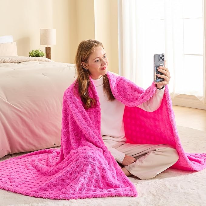 NEWCOSPLAY Super Soft Throw Blanket Pink Premium Silky Flannel Fleece 3D Waffle Checkered Lightweight Bed Blanket All Season Use (Hot Pink, Throw(50"x70"))