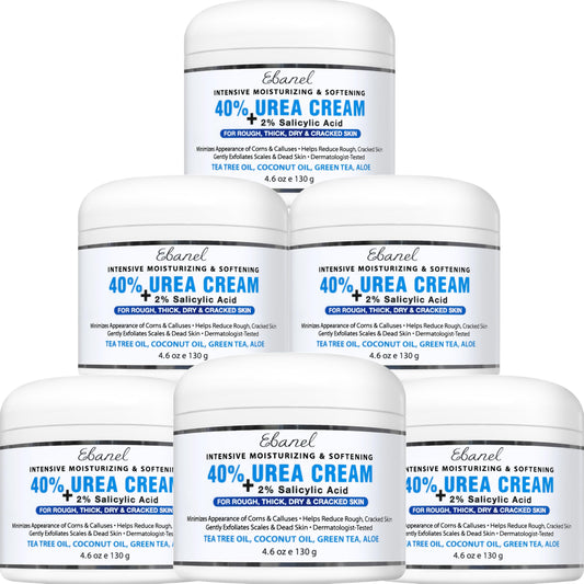Ebanel Urea Cream 40% plus Salicylic Acid 2%, Foot Cream for Dry Cracked Heels Feet Knees Elbows Hands, Foot Dead Skin Cuticle Callus Remover Toenail Softener, Keratolytic Skin Barrier Repair, 6-Pack