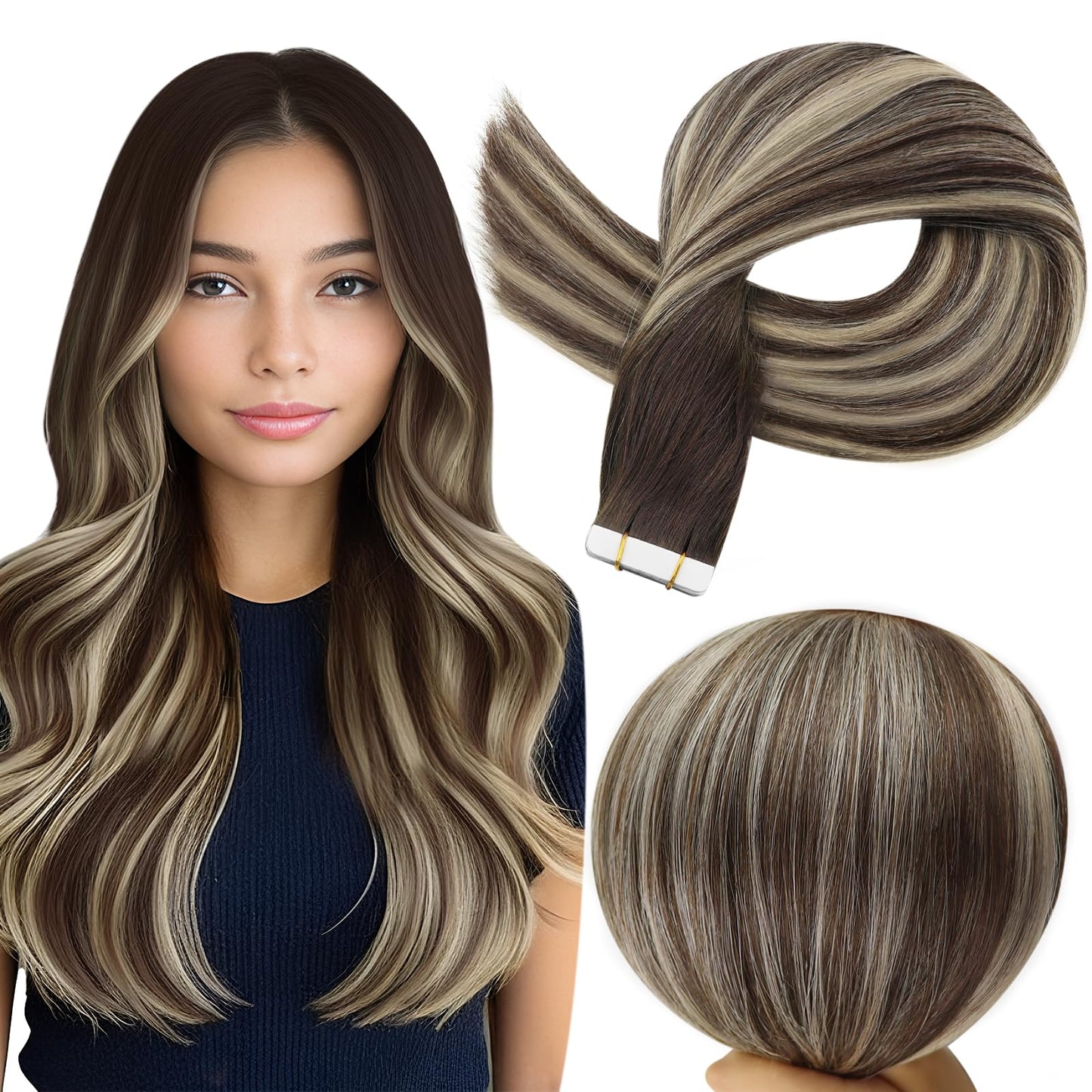 Full Shine Tape in Hair Extensions Color 2/60/2 Brown And Blonde Tape in Extensions 12Inch Real Remy Hair Extensions Seamless Tape ins Human Hair Double Sided Human Hair for Women 30Gram 20Pcs