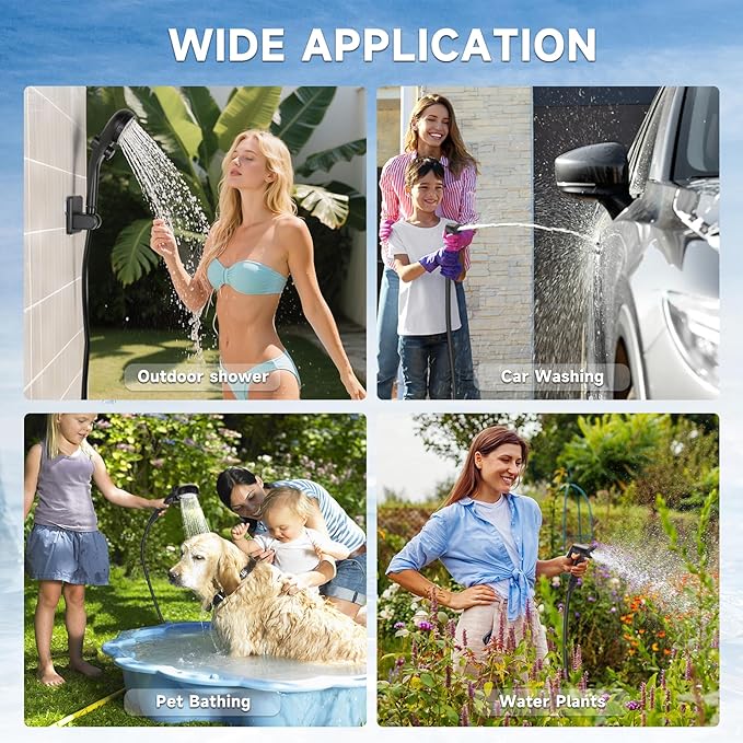 Portable Shower for Camping, Rechargeable Camping Shower Pump with LED Display of Battery Level and Temperature, Lasting-150 Mins, Suitable for Outdoor Shower, Pet Bath, Car Washing