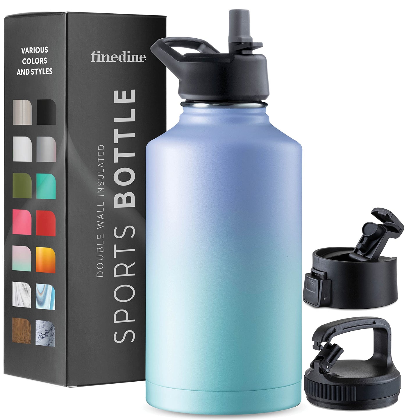FineDine Triple Walled, Insulated Water Bottles with Straw - 64 Oz Stainless Steel Metal Bottle W/ 3 Leak Proof Lids - For Travel, School, Sports, Gym/Men, Women & Kids - Powder Steel Blue