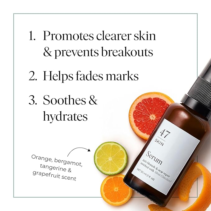 47 Skin Hydrating Face Serum for Clearing Acne & Scars, Anti-Blemish & Scar Repair Serum Skincare Treatment with Silver Chitoderm - Smooth Skin Moisturiser (1.01 oz)