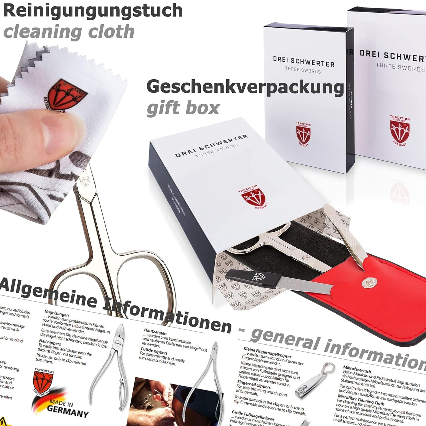 3 Swords Germany - brand quality 16 piece manicure pedicure grooming kit set for professional finger & toe nail care scissors clipper synthetic leather case in gift box, Made in Germany