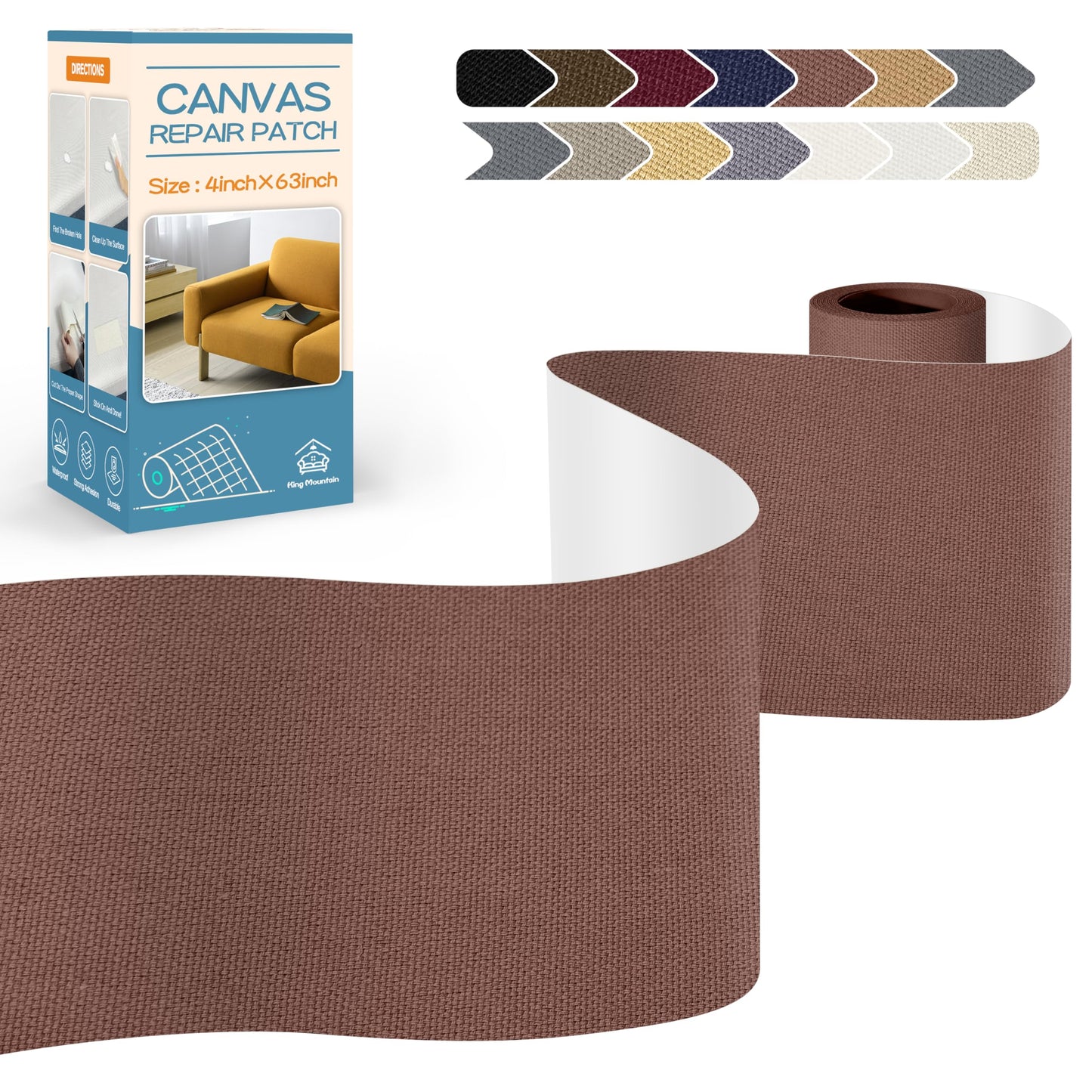 KING MOUNTAIN Canvas Repair Tape,Outdoor Gear Patch, 4×63 Inches,Waterproof,Self-Adhesive for Repairing Boat Covers,Sun Shades,Sofas,Tents,Lounge Chairs,Awnings (Brown)