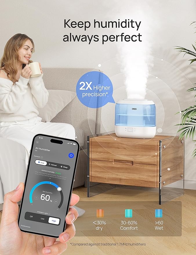 Dreo Humidifiers for Bedroom, Top Fill 4L Smart Cool Mist Humidifier with Oil Diffuser, Cartridge, Nightlight, 32H Runtime, Quiet Ultrasonic Humidifiers for Home, Baby Nursery, Plants, Office, HM311S