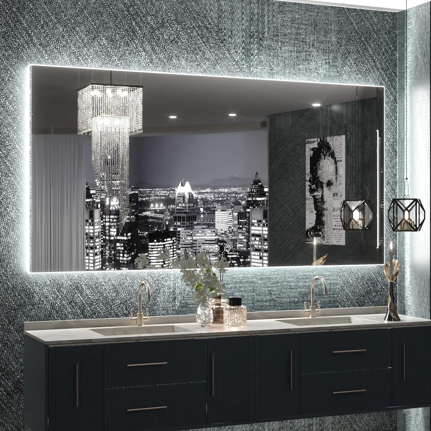 TETOTE 48 x 24 LED Backlit Bathroom Mirror with Light,3Color White/Warm/Natural,Anti-Fog Lighted Mirror,Dimmable,Vanity Mirror,Wall Mounted