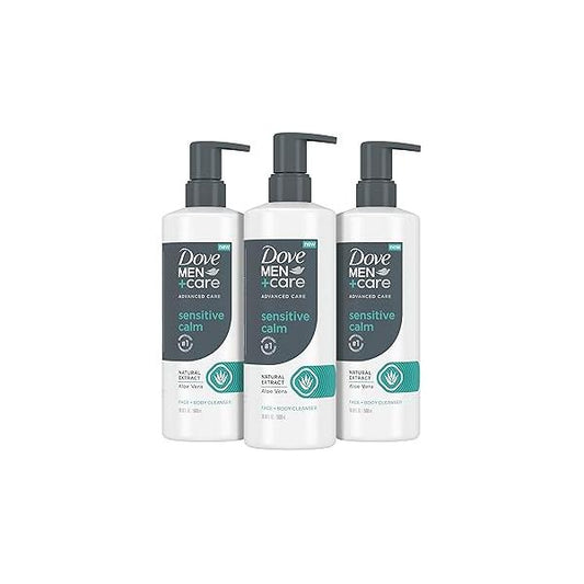 DOVE MEN + CARE Advanced Care Face Body Cleanser Sensitive Calm 3 Count for Skin Wash with Natural Extract Aloe Vera 16.9 oz