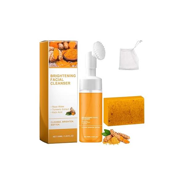 Turmeric Wash and Care two Piece Set, Cleansing Mousse, Facial Cleanser, Kojic Lemon Soap, for All Skin Types，Bring a Bubble Net