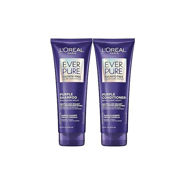 L’Oreal Paris EverPure Sulfate Free Brass Toning Purple Shampoo and Conditioner Set for Blonde, Bleached, Silver, or Brown Highlighted Hair, 1 Kit